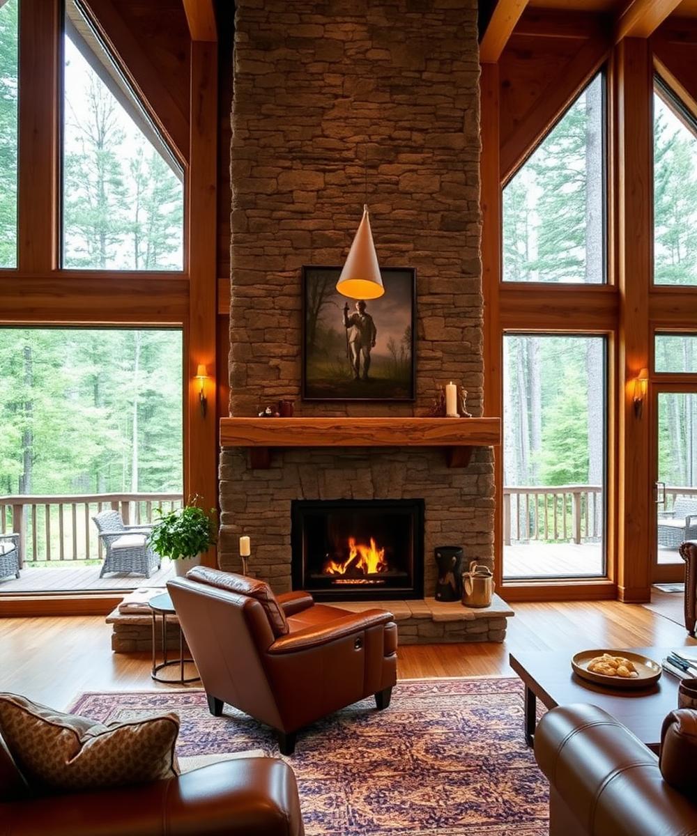 Cozy Vermont cabin interior with stone fireplace and leather armchair